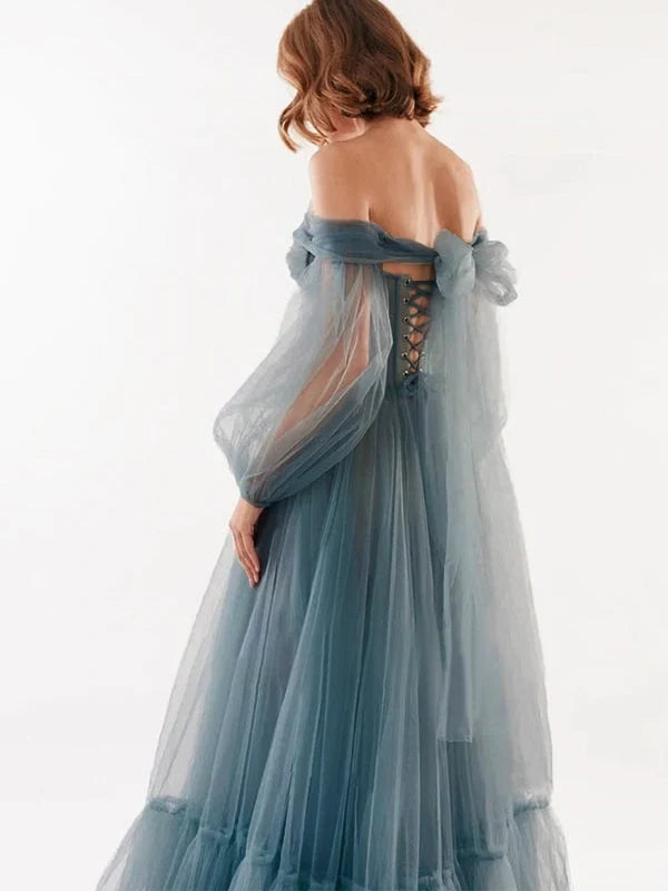 Dusty blue corset-style lace-up back tiered tulle prom dress with off-shoulder sleeves