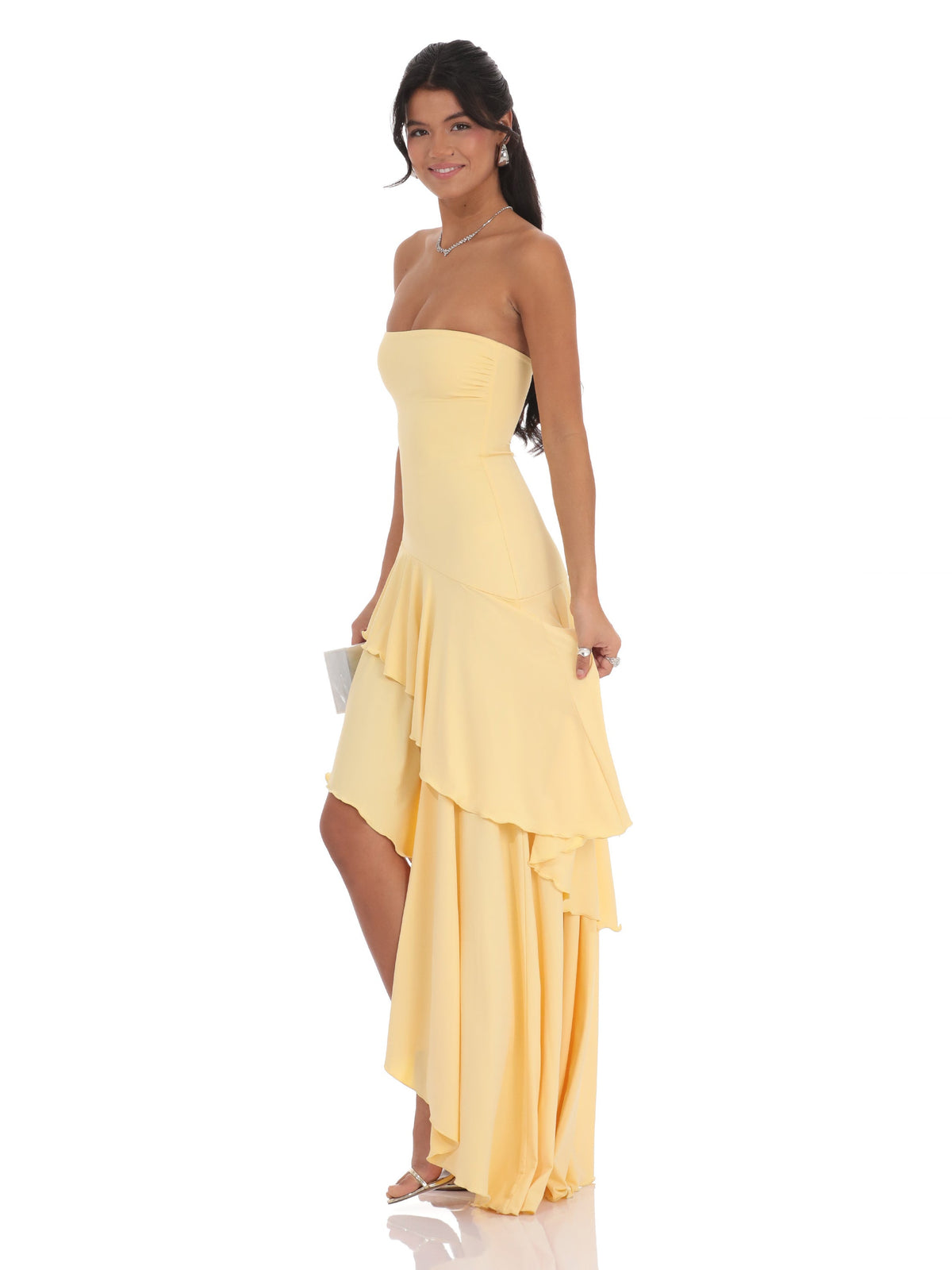 Yellow bridesmaid dress with structured woven fabric construction and maxi hem