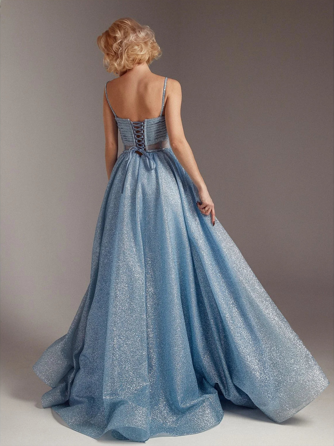 Light blue glitter corset prom dress, scoop back and A-line floor skirt