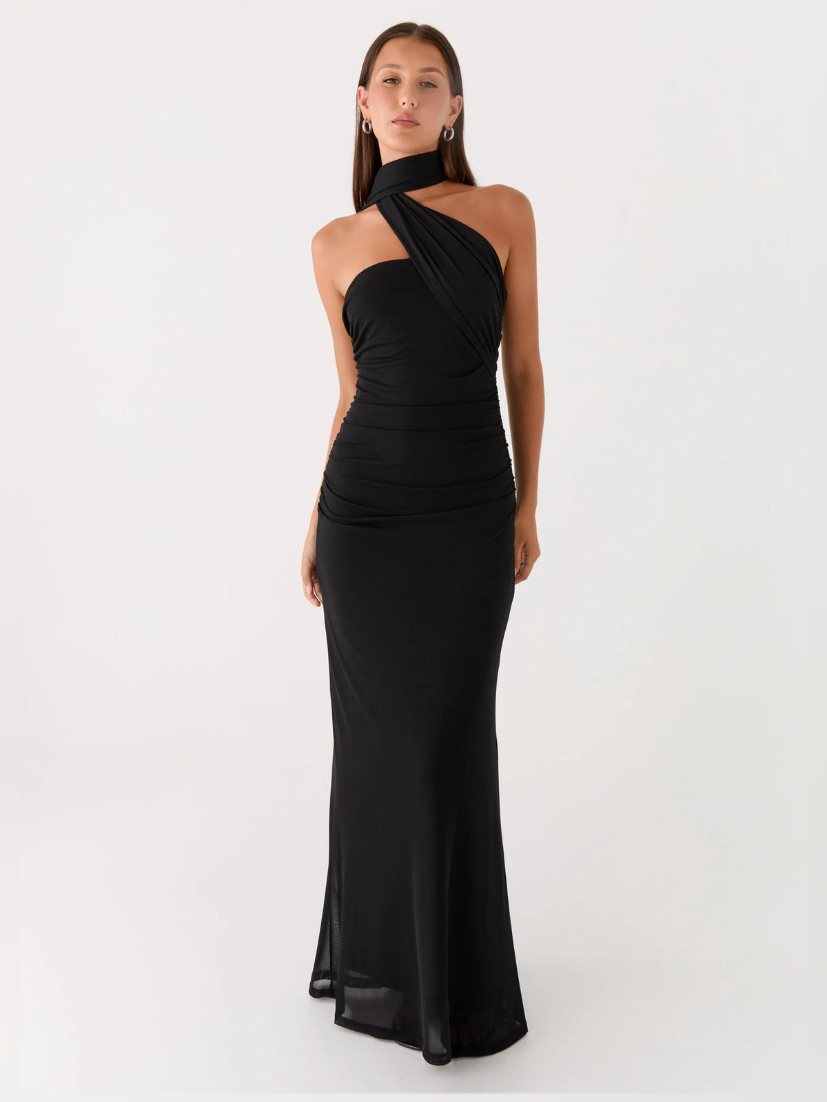 Black sheath maxi formal dress with ruching, alternate full-length view