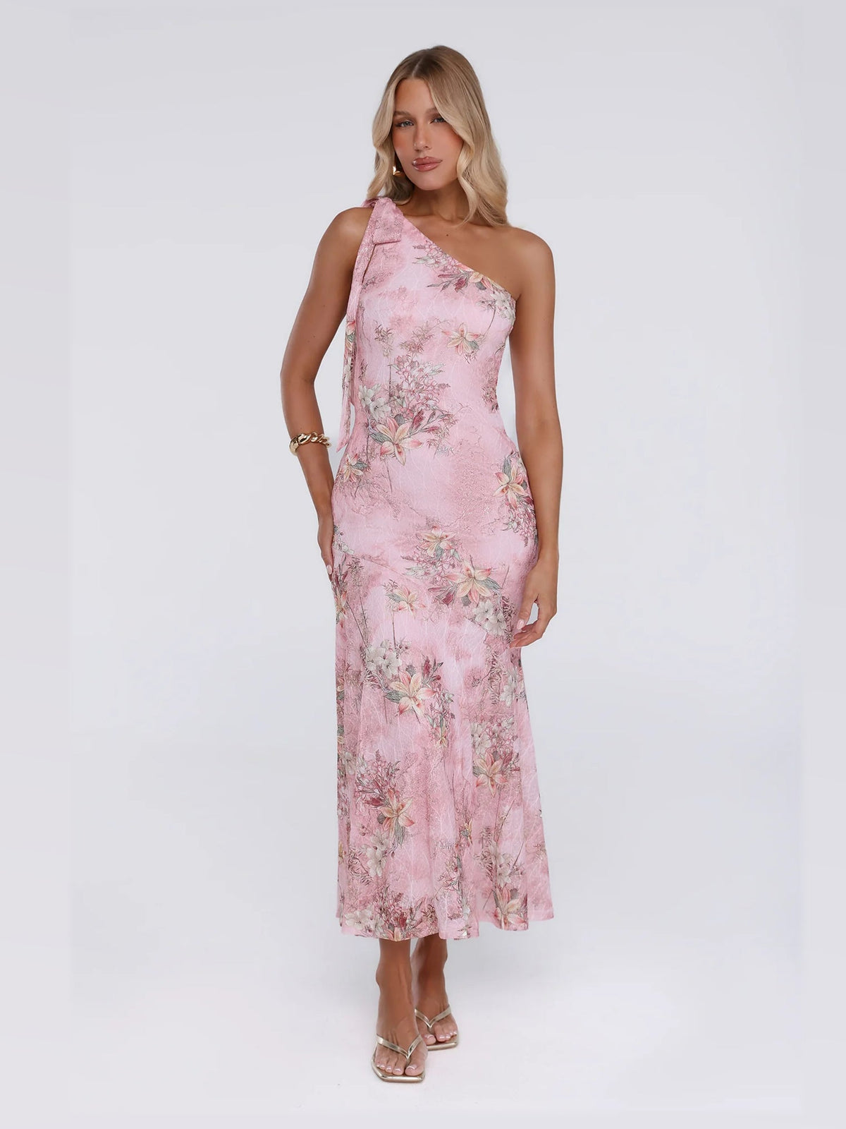Pink maxi formal dress, alternate full-length view showing the waistline