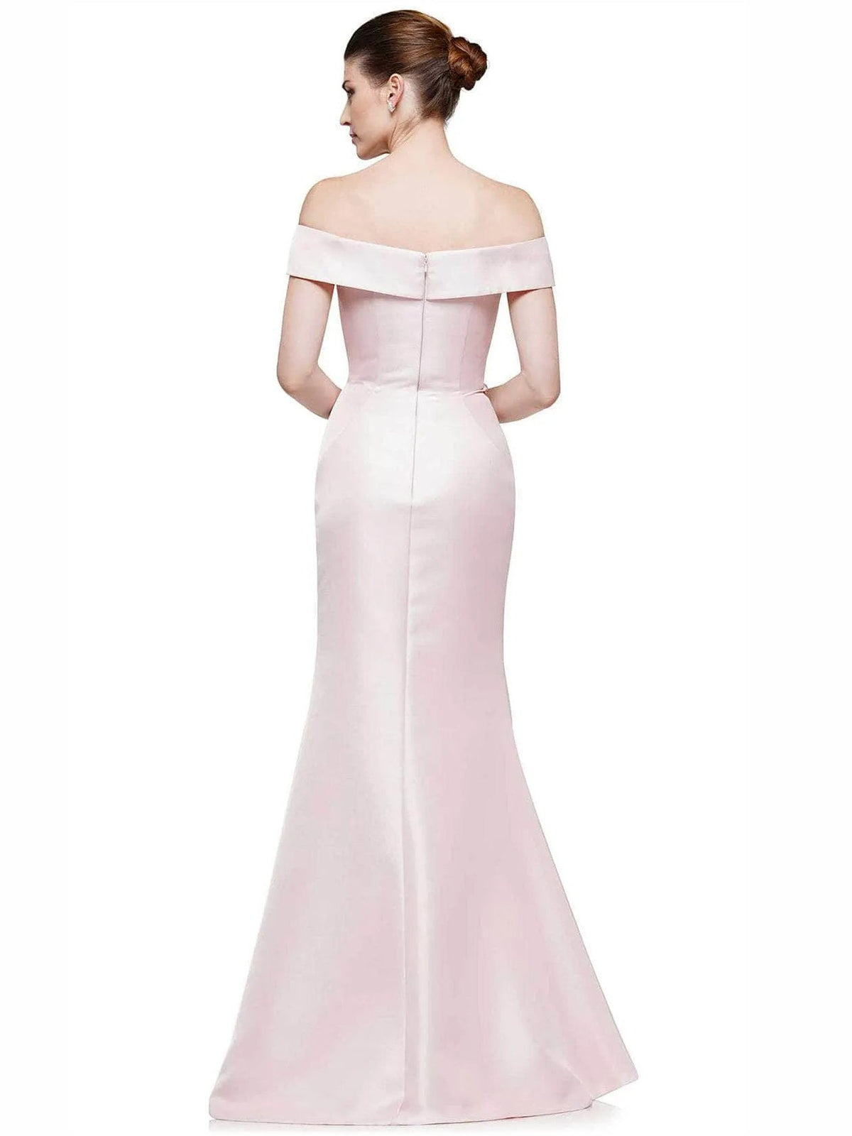 Blush pink off-shoulder mermaid formal dress with structured shoulders and floor-length hem.