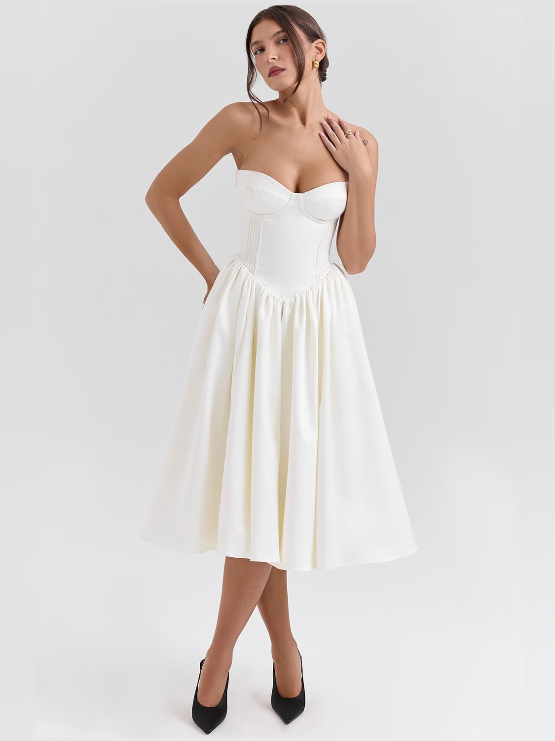 Ivory satin midi dress with off-shoulder sweetheart neckline and gathered pleated skirt