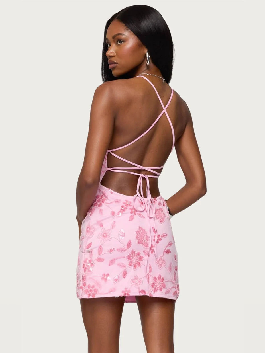 Backless pink floral sequin mini dress with crisscross open back ties