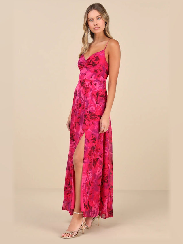 Fuchsia Floral maxi formal dress, alternate full-length view showing the waistline