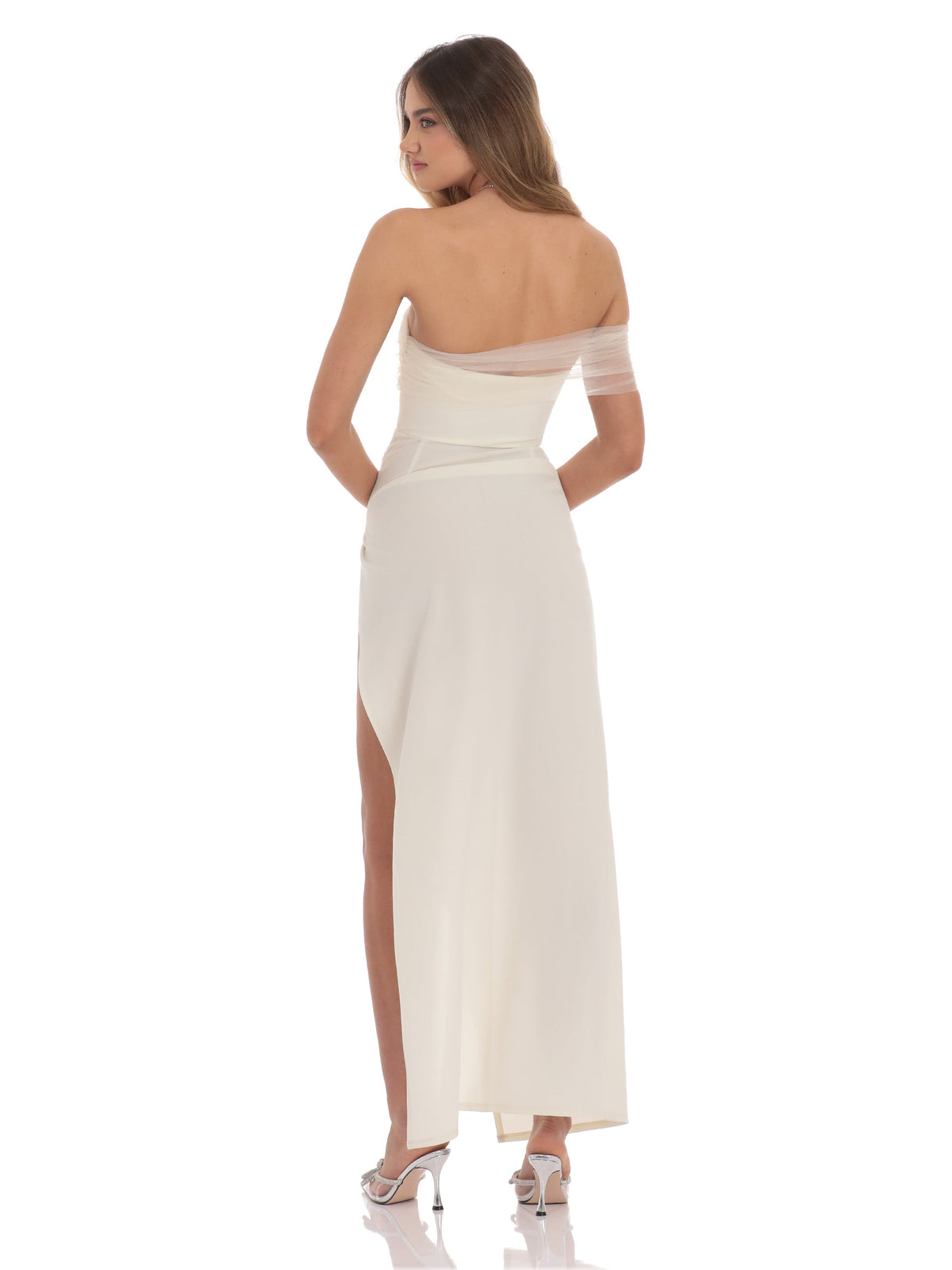 Ivory bridesmaid dress with mesh construction and maxi hem