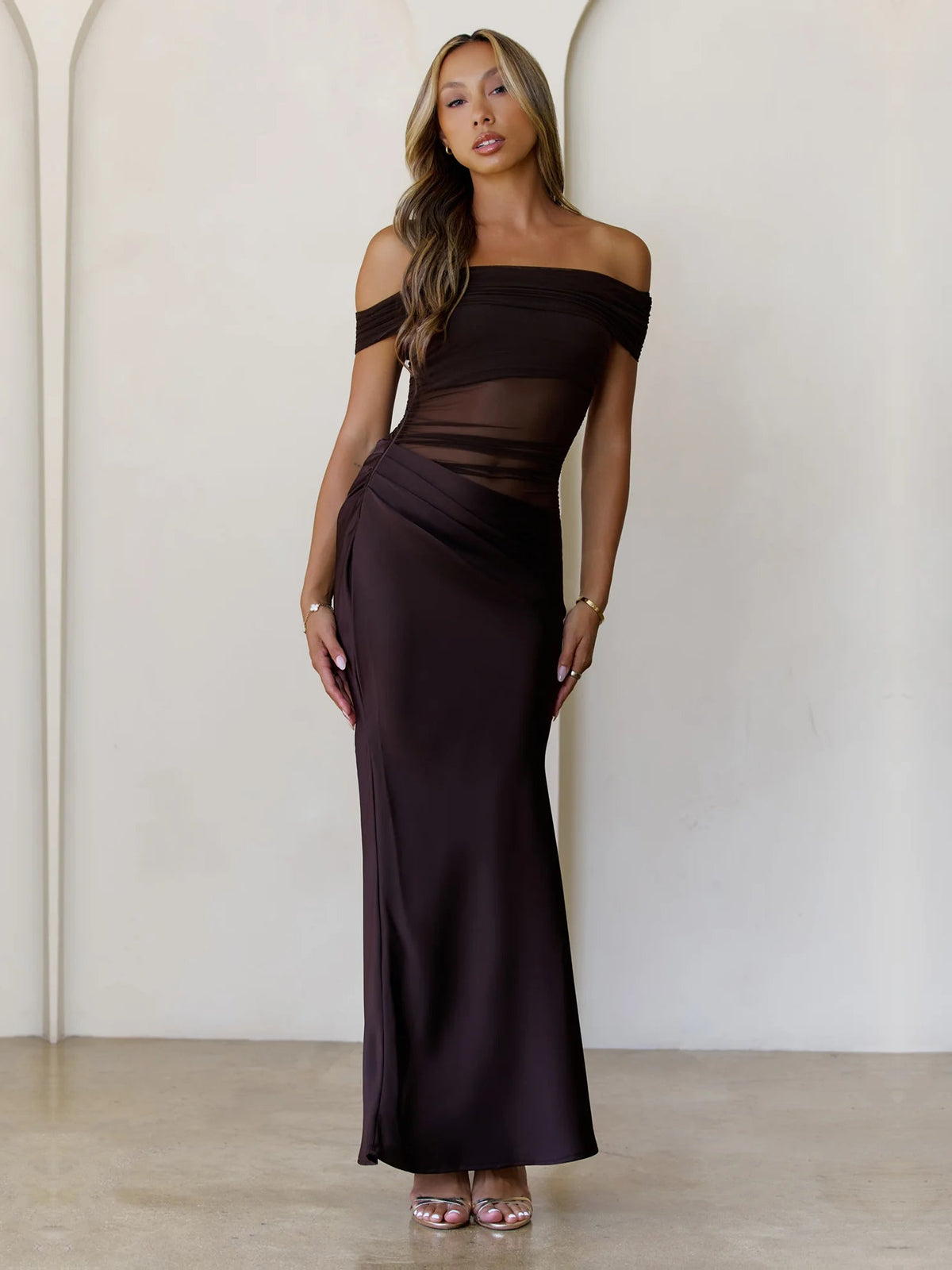 Brown sheath maxi formal dress with off-the-shoulder neckline, alternate view