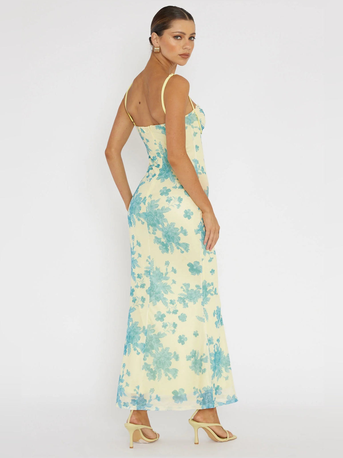 Yellow mesh midi dress with blue floral print, lace-trim bodice, fitted column silhouette