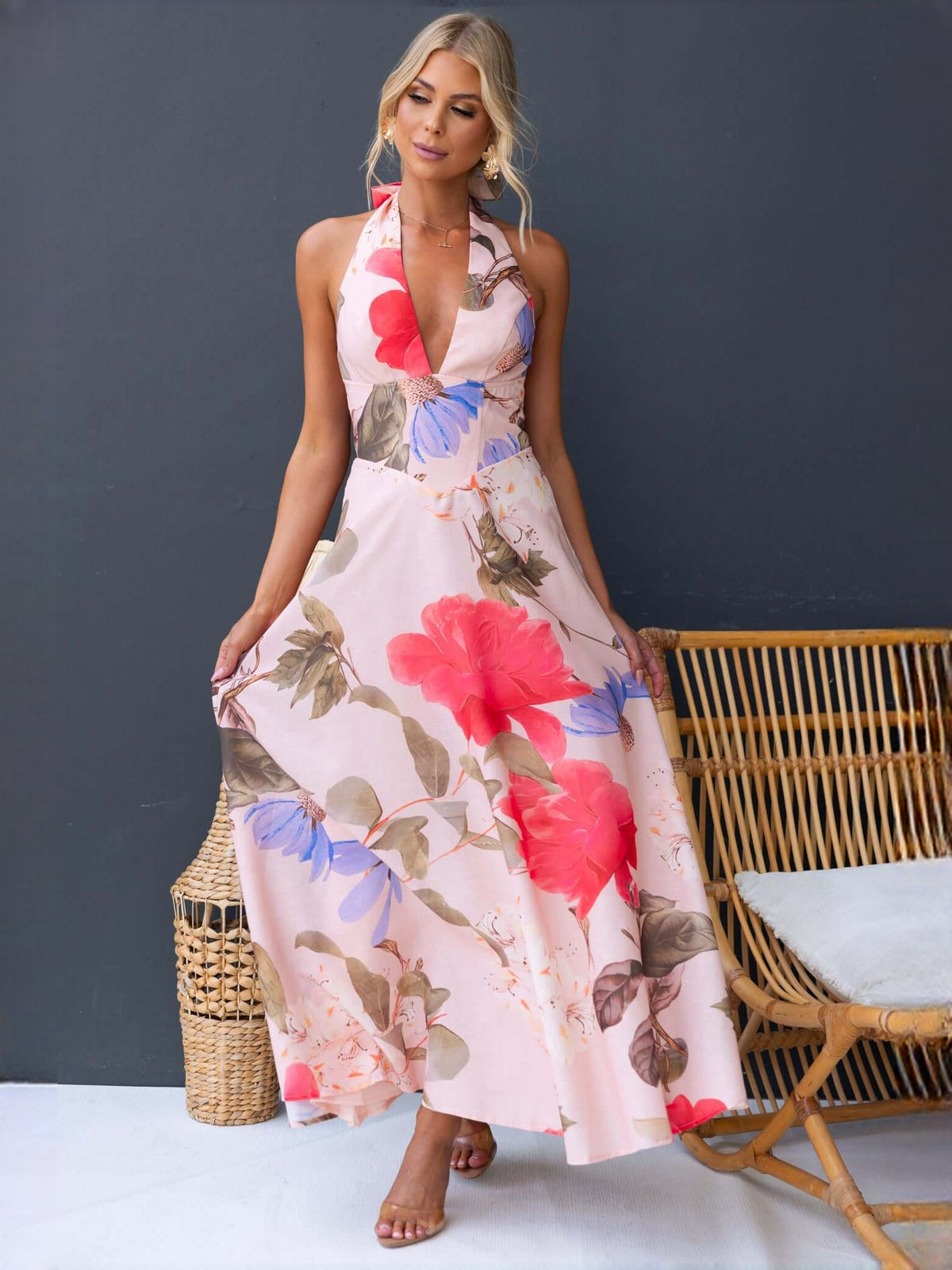 Pink Floral Print a-line maxi formal dress with halter neckline, alternate full-length view