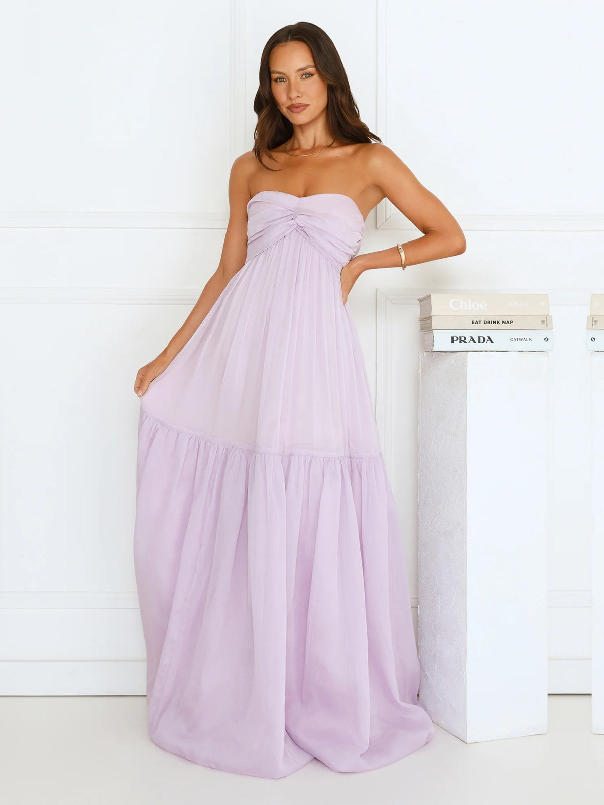 Lilac a-line maxi formal dress with tiered skirt, alternate view