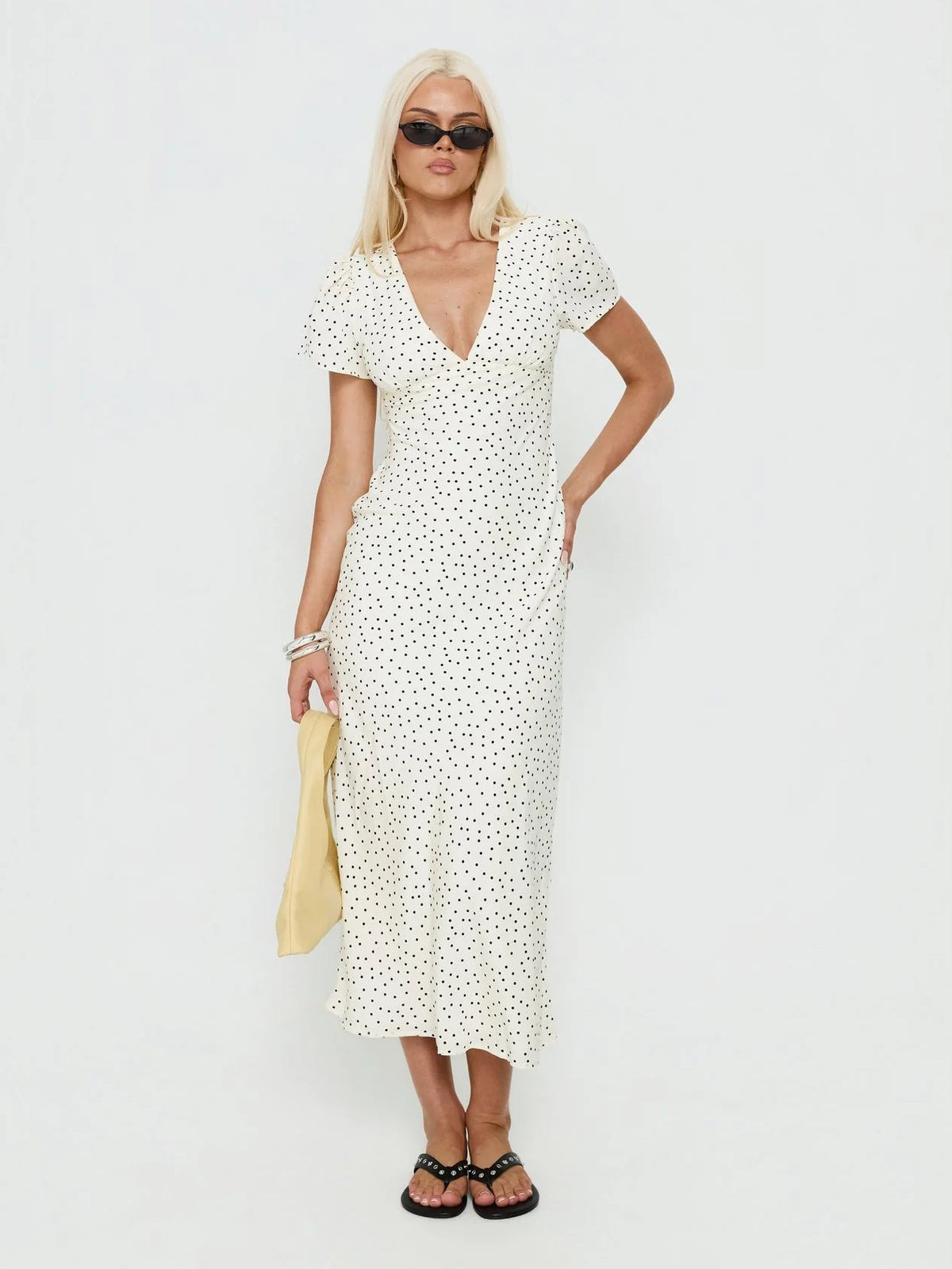 White Polka Dot formal dress with structured woven fabric construction and maxi hem