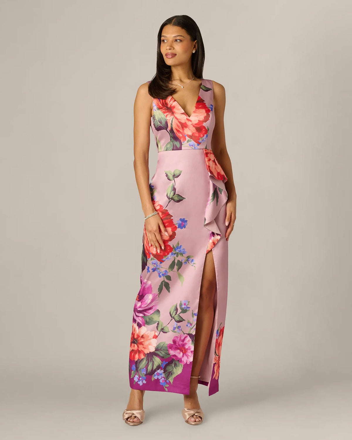 Mauve floral print maxi sheath dress with draped waist and front side slit