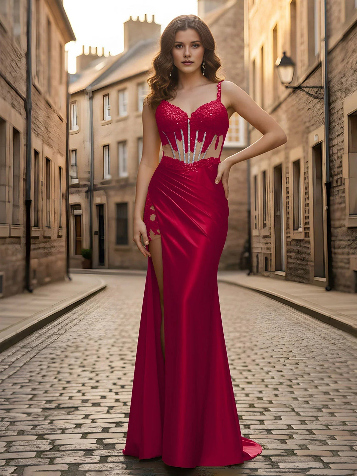 Satin mermaid formal dress with beaded corset bodice, spaghetti straps, side slit, burgundy