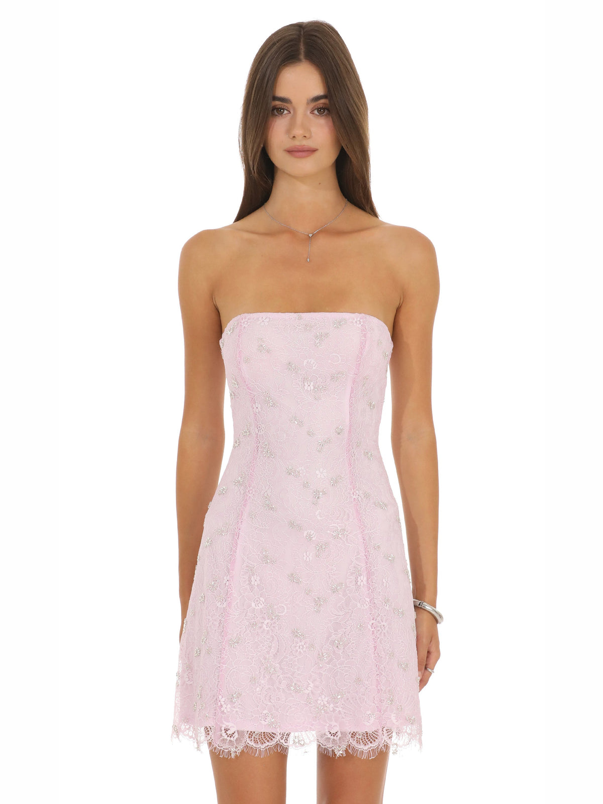 Pink homecoming dress with mesh construction and maxi hem