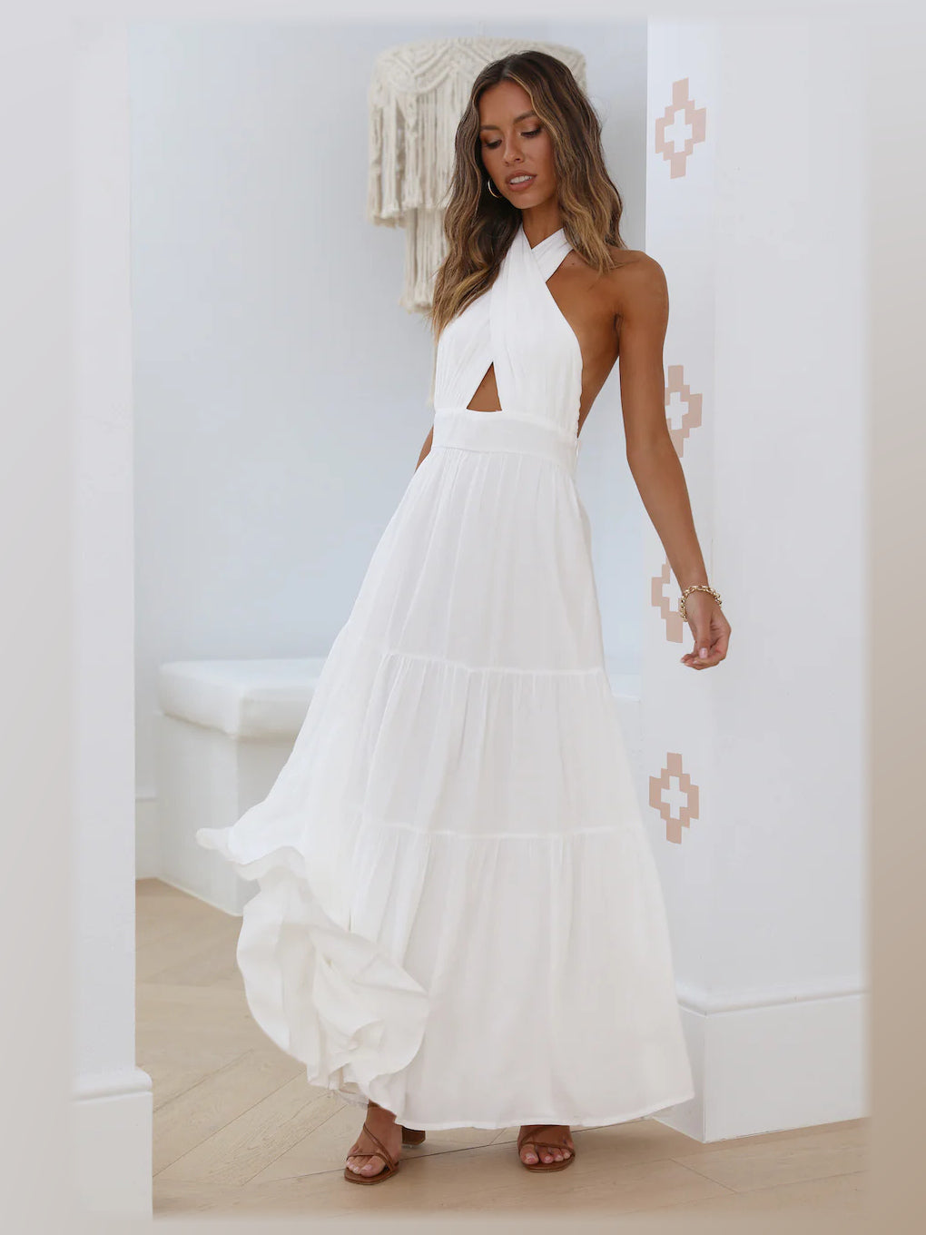 White maxi formal dress, alternate full-length view showing the waistline