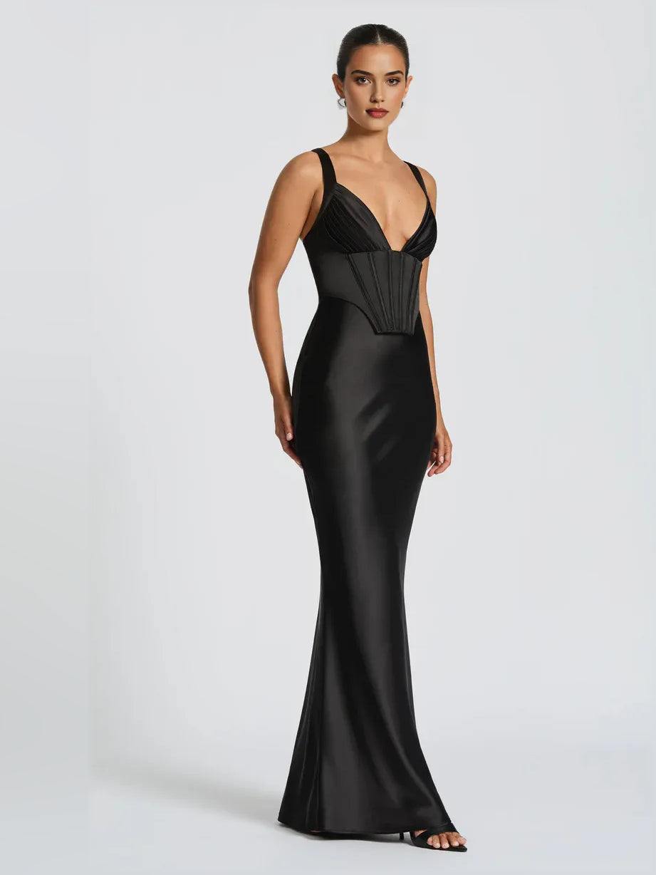 Black v-neck corset mermaid formal dress with draped bodice and wide skirt