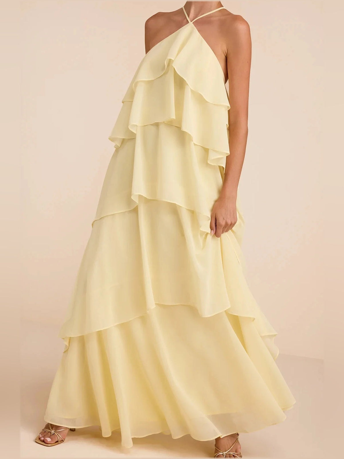 Pale lemon tiered ruffle maxi chiffon dress with V-neck and flowing A-line skirt