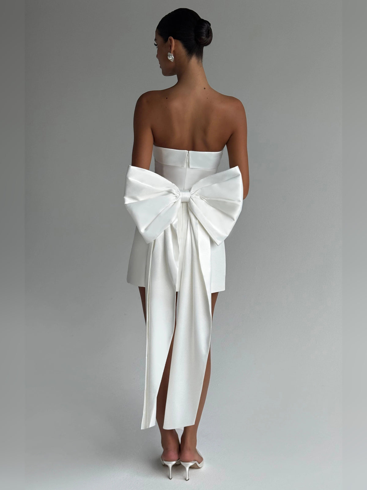 Ivory strapless mini dress, open-back with bow and long ribbon streamers