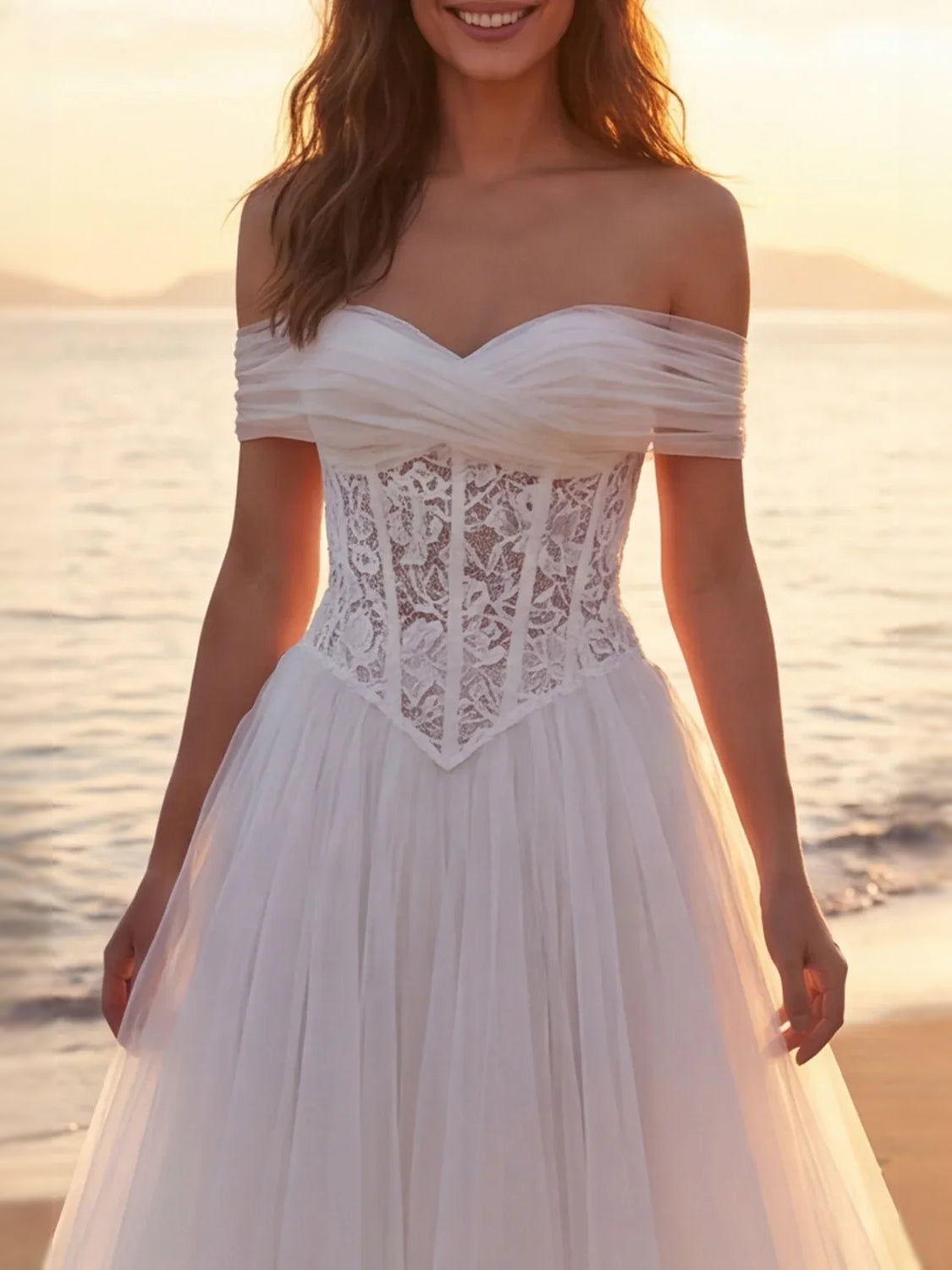 Ivory off-shoulder ruched bodice with lace overlay sweetheart neckline, tulle A-line