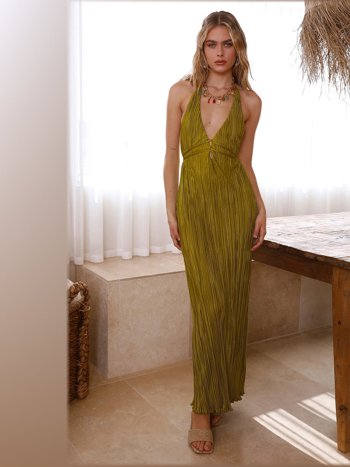 Olive maxi formal dress, alternate full-length view showing the waistline