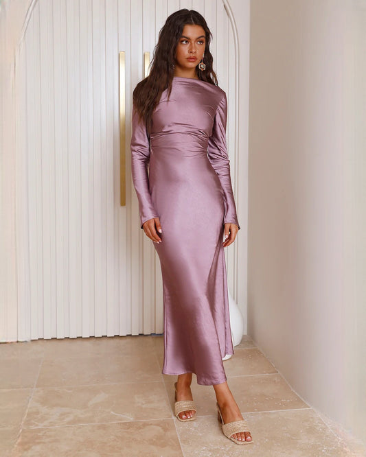 Purple satin maxi dress with draped high neck, long sleeves, and side slit hem