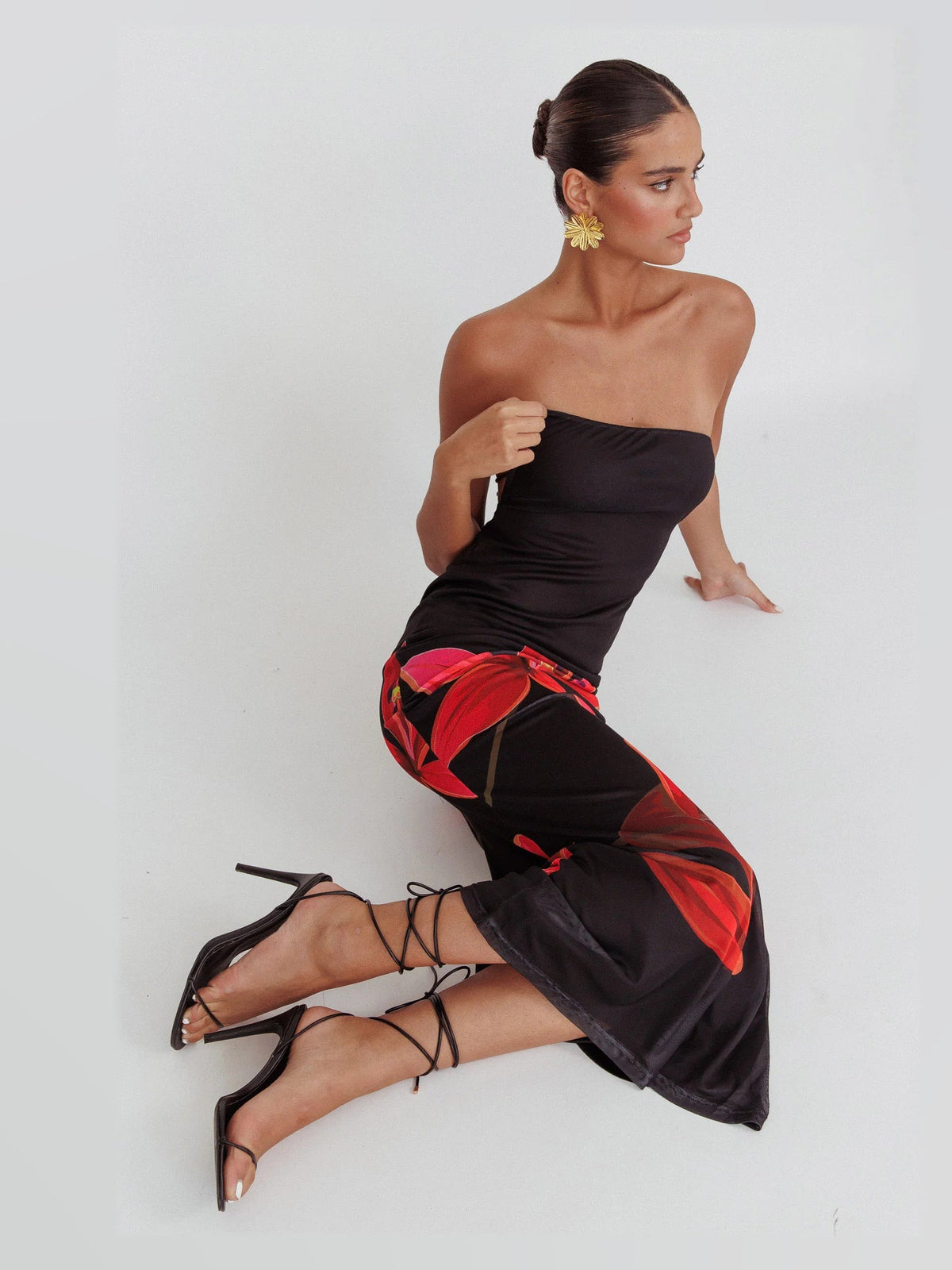 Black maxi formal dress, alternate full-length view showing the waistline