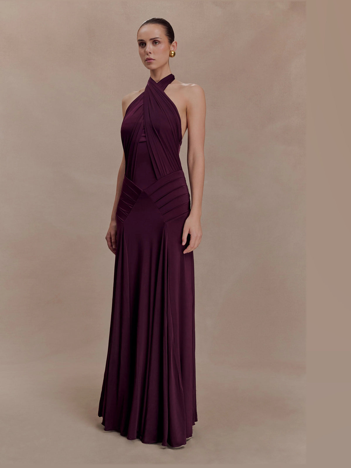 Mahogany formal dress with structured woven fabric construction and maxi hem
