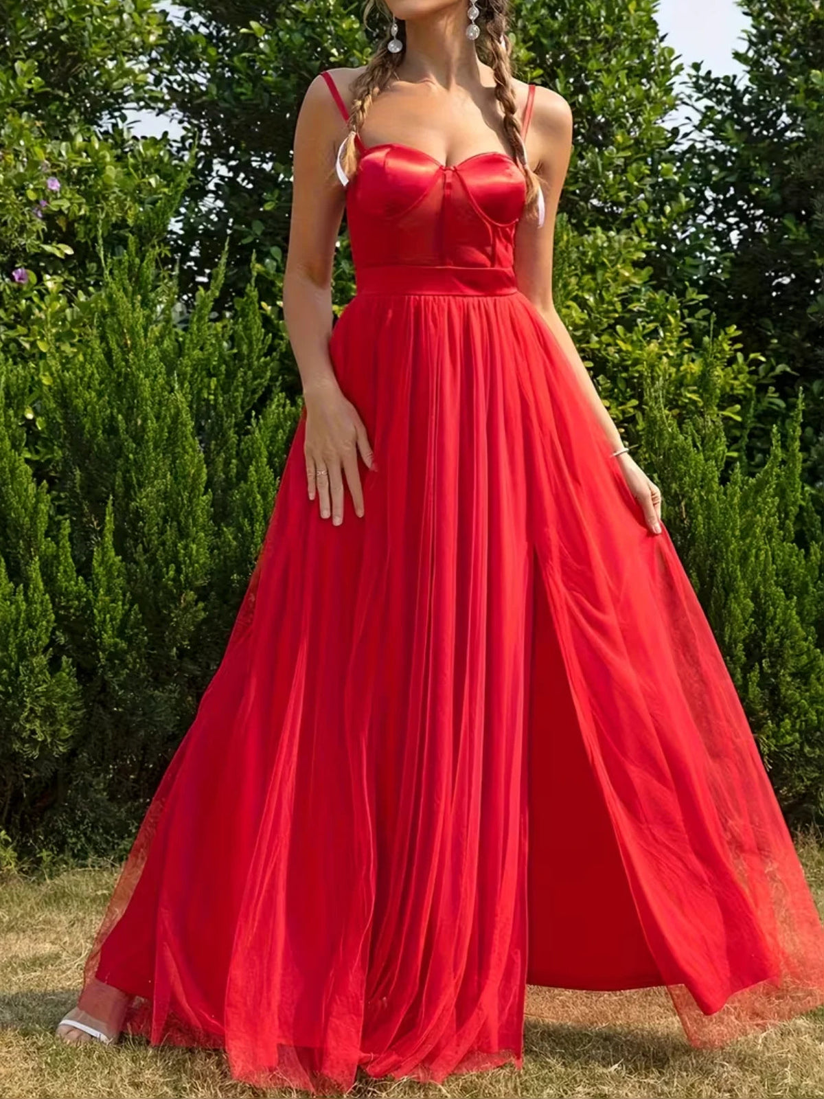 Red A-line maxi prom dress with ruched sweetheart bodice and flowing skirt