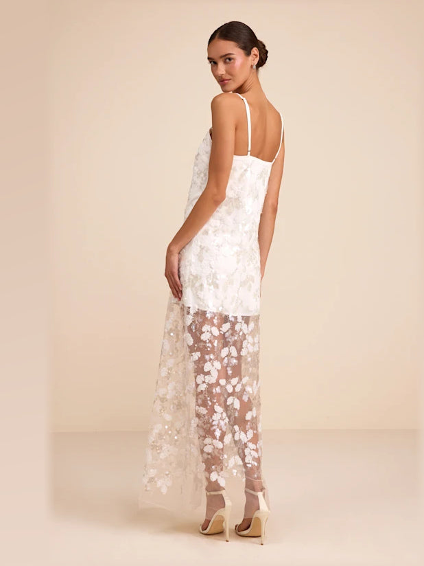 White formal dress with mesh construction and maxi hem