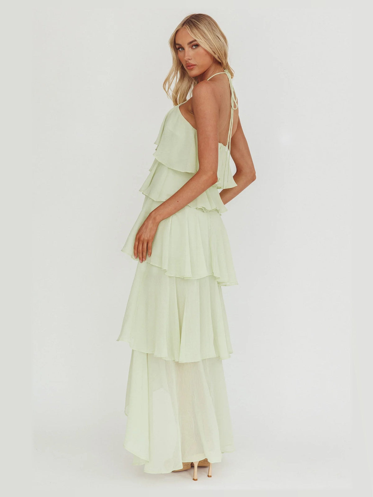 Sage formal dress with structured woven fabric construction and maxi hem