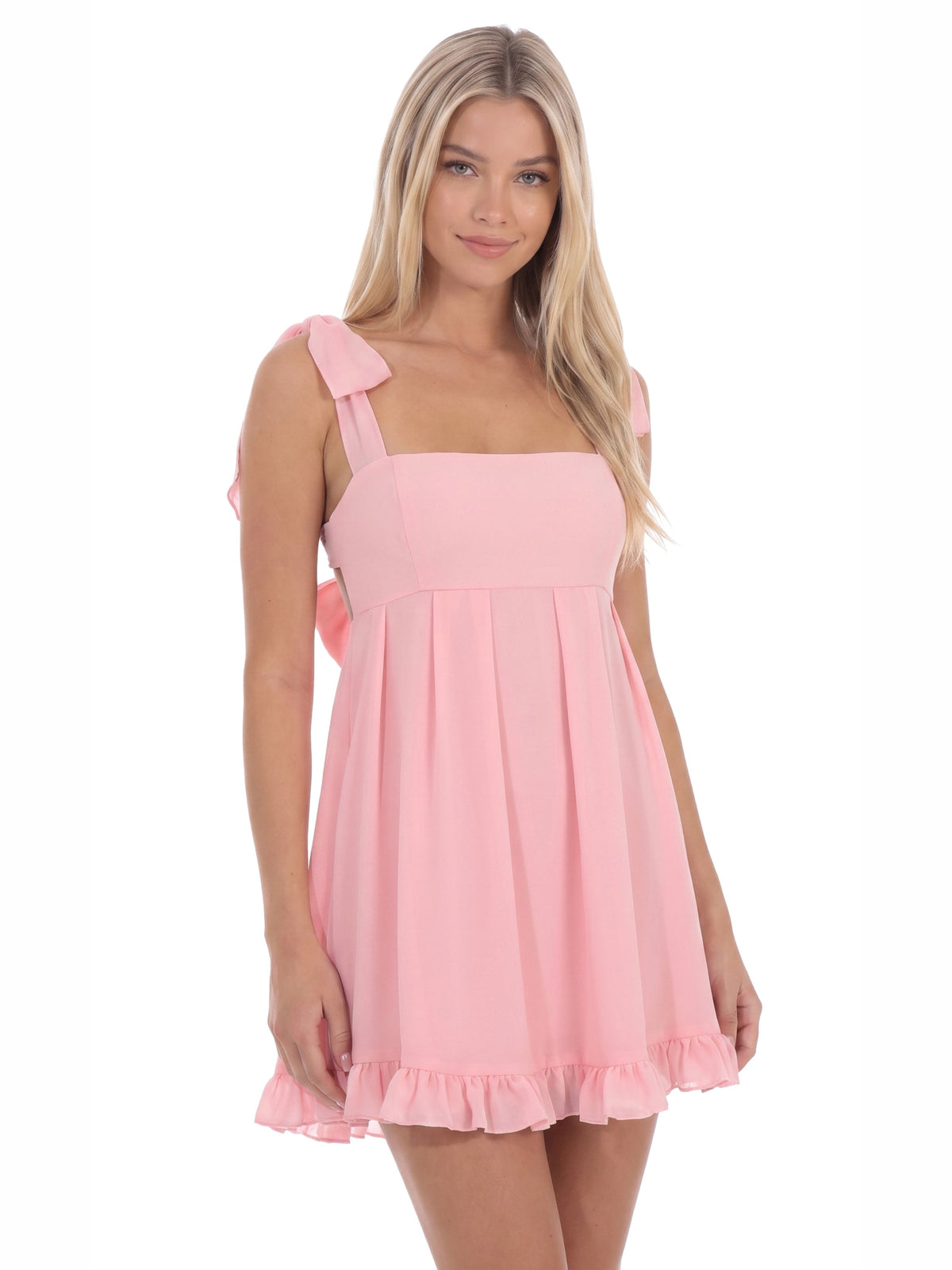 Pink homecoming dress with structured woven fabric construction and maxi hem