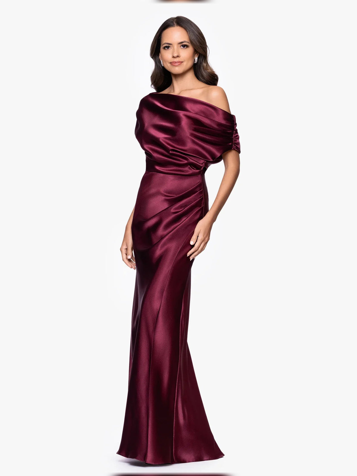 Burgundy satin one-shoulder draped mermaid floor-length dress with gathered shoulder