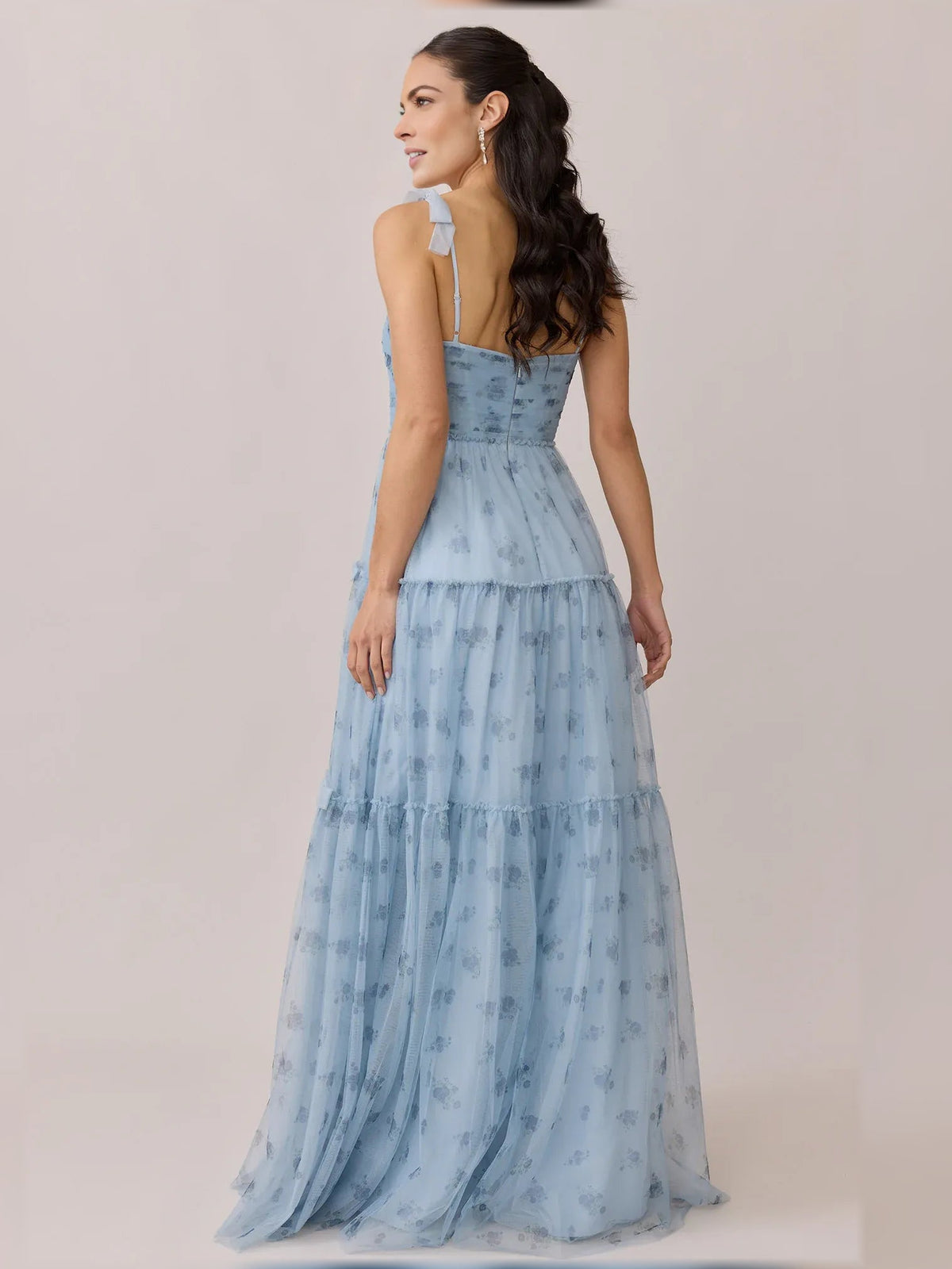 Sky blue floral square-neck tiered formal dress, sleeveless side view