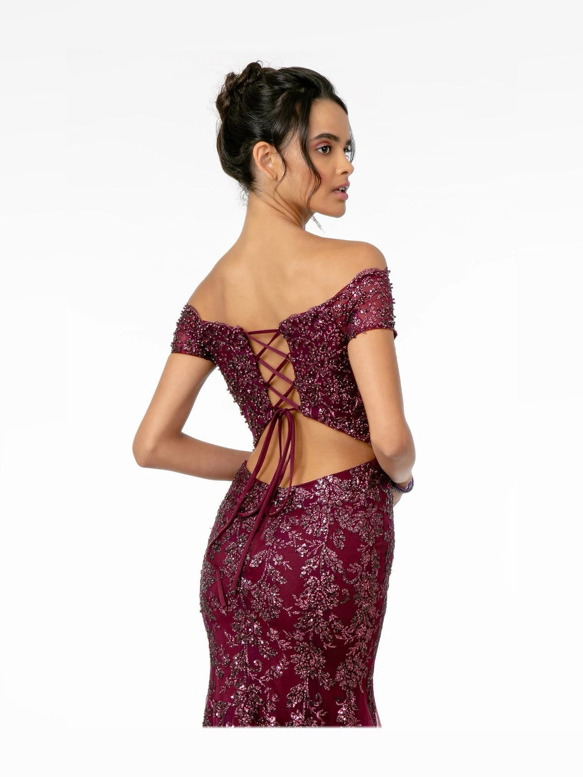 Wine beaded off-shoulder mermaid prom dress with crisscross open back detail