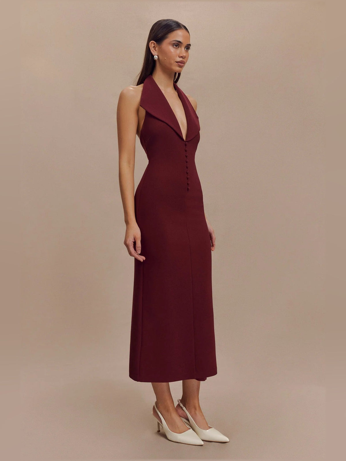 Merlot crepe halter midi dress with draped V halter and fitted skirt