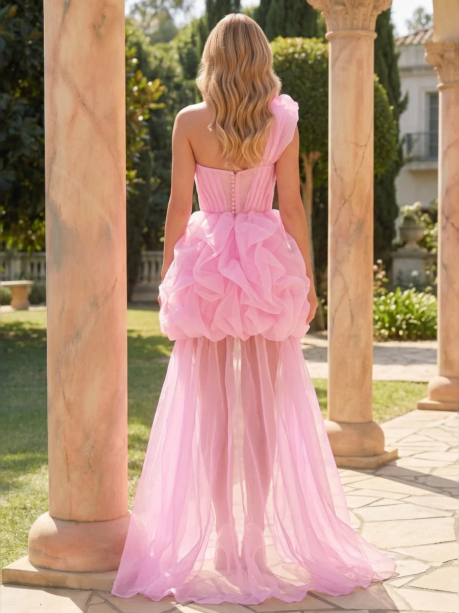 Light pink one-shoulder corset prom dress, open back and layered ruffle skirt