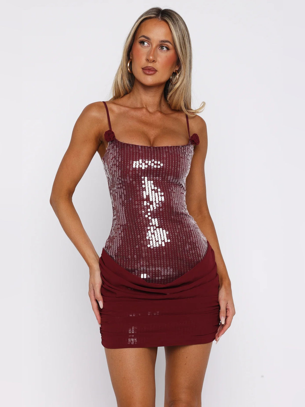 Wine sequin mini dress with spaghetti straps and draped ruched waist detail