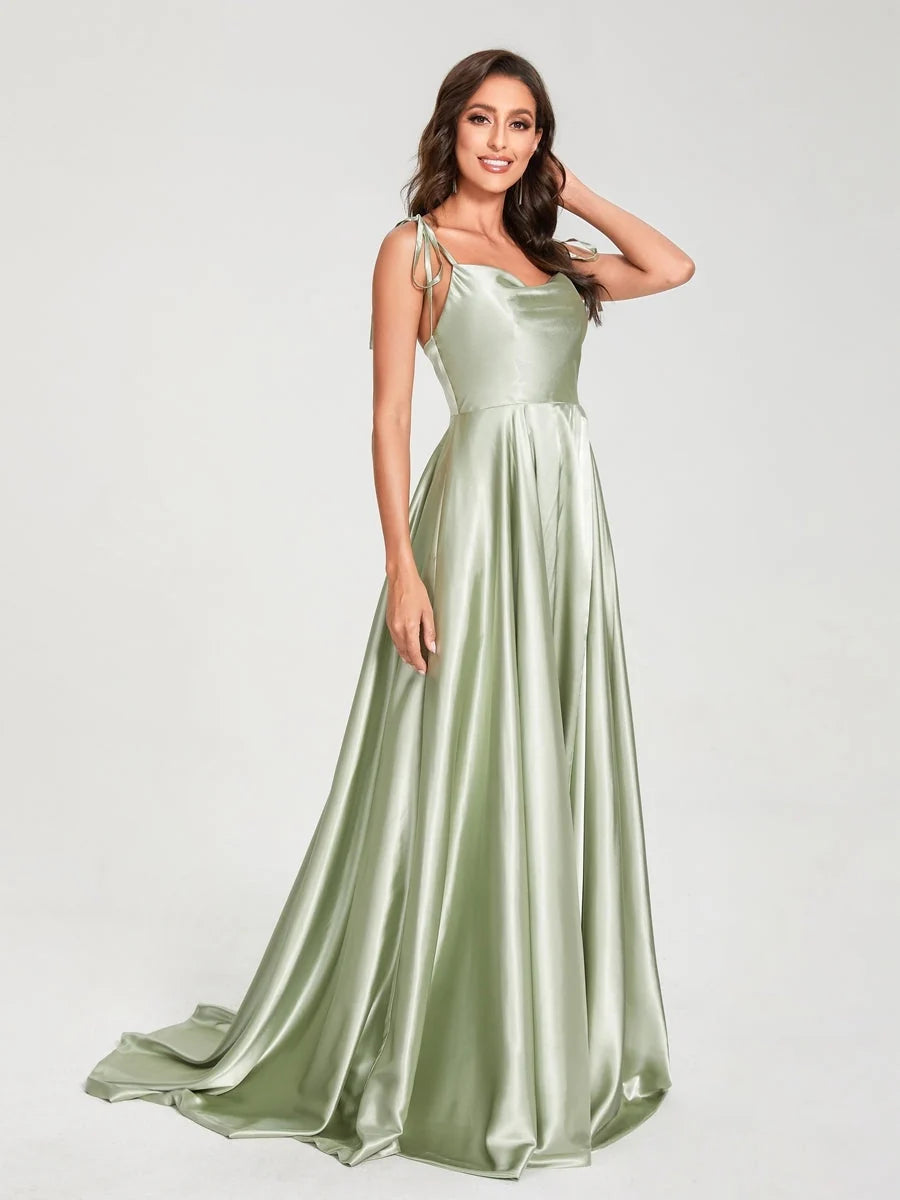 Sage green satin halter A-line formal dress with gathered waist and floor-length hem