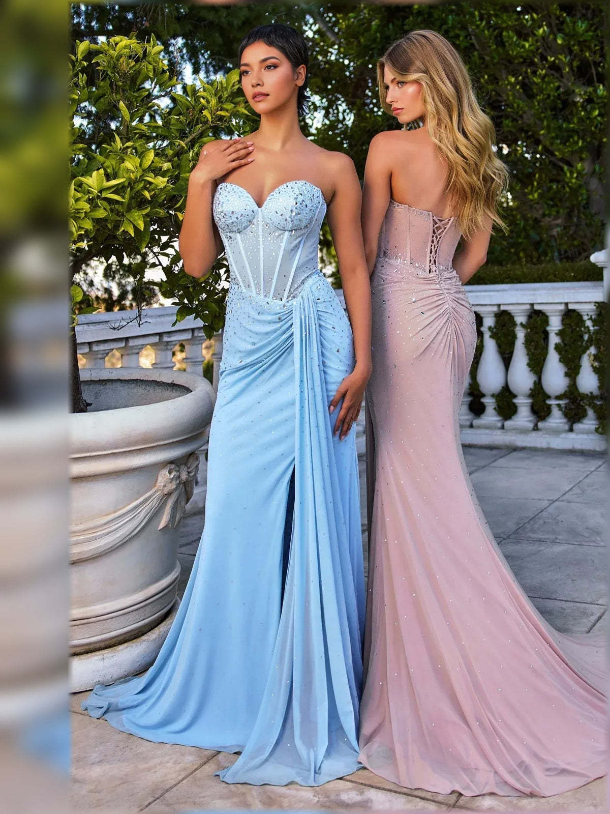 Light blue strapless rhinestone mermaid dress with ruched waist and front slit