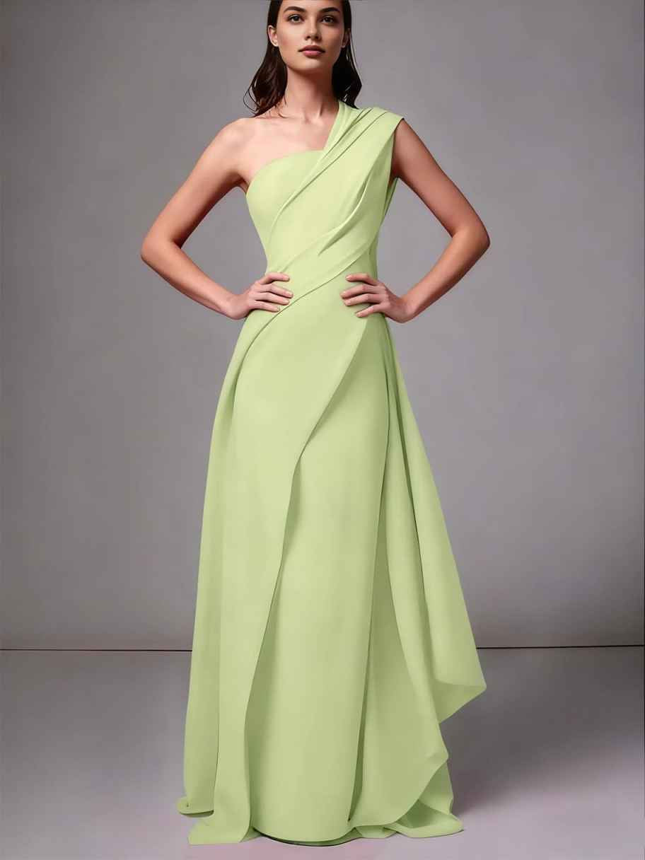 Dusty sage one-shoulder floor-length formal dress with asymmetrical drape skirt