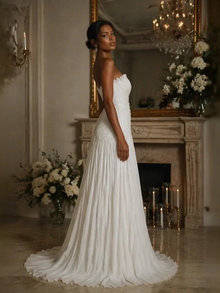 Ivory strapless ruched mermaid wedding dress, side view of pleated skirt