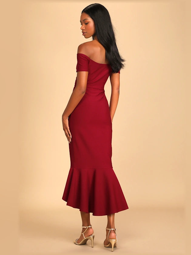Off-shoulder midi formal dress in dark red, fitted waist with fluted, flared skirt