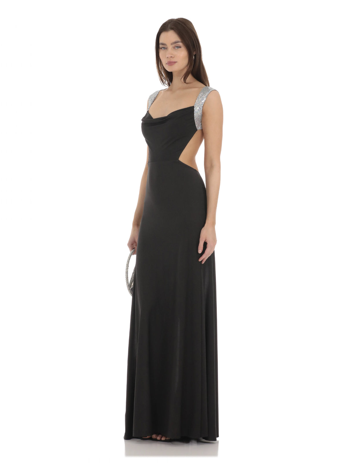 Front view black fitted bodice maxi dress with cowl neckline and flared skirt