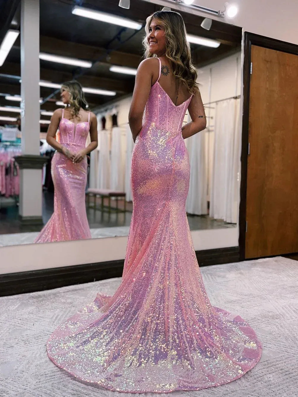 Pink sequin corset formal gown with sweetheart neckline and spaghetti straps, mermaid hem