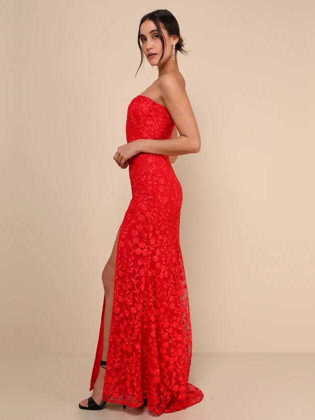 Red Floral mermaid maxi formal dress with embroidery, alternate view