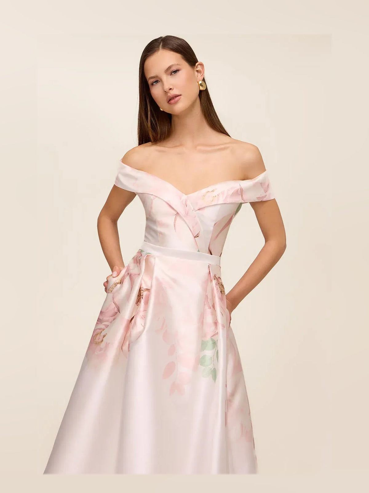 Floral satin off-shoulder maxi dress with sweetheart neckline and gathered waist