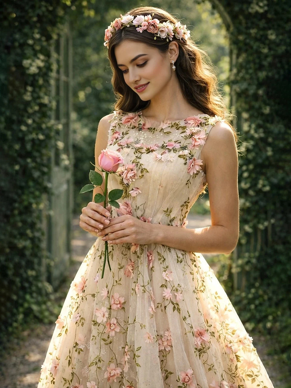 Pearl pink floral sleeveless midi tulle prom dress with detailed bodice