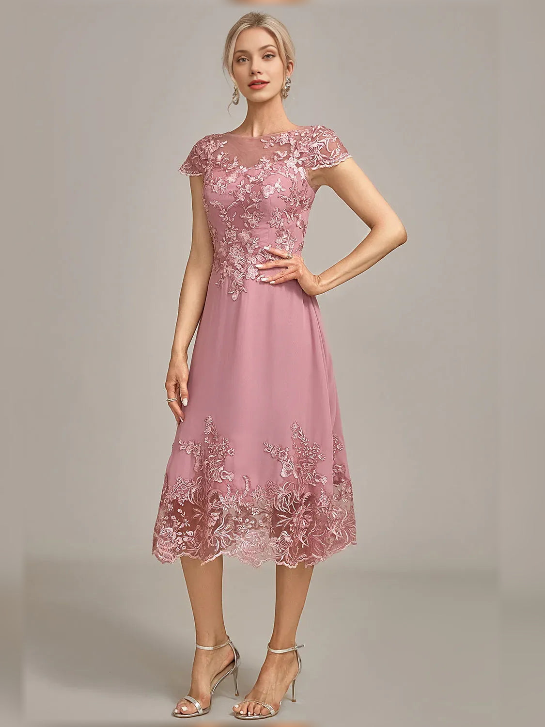 Dusty rose chiffon A-line knee-length dress with embroidered floral hem and cap sleeves