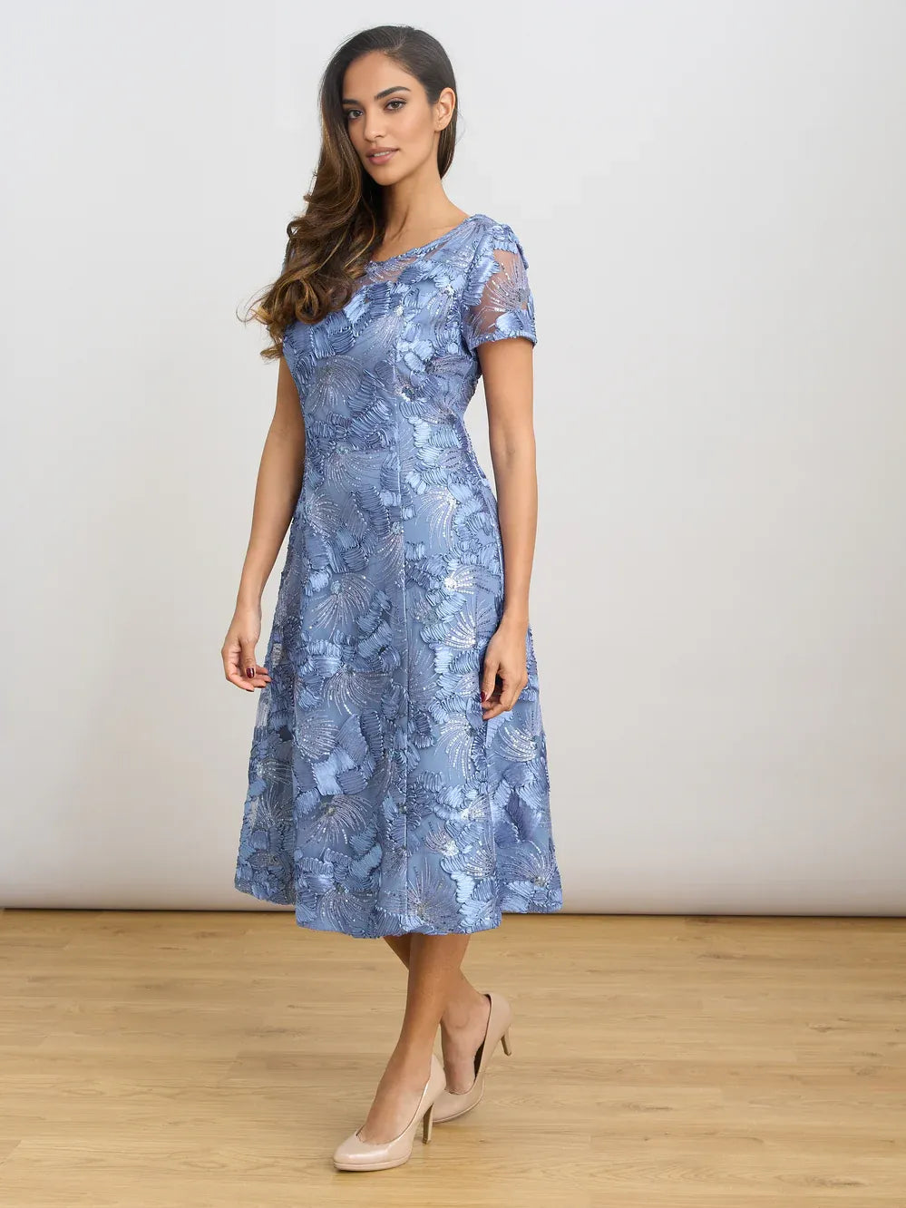 Dusty blue embroidered sequin midi A-line dress with short sleeves and fitted bodice