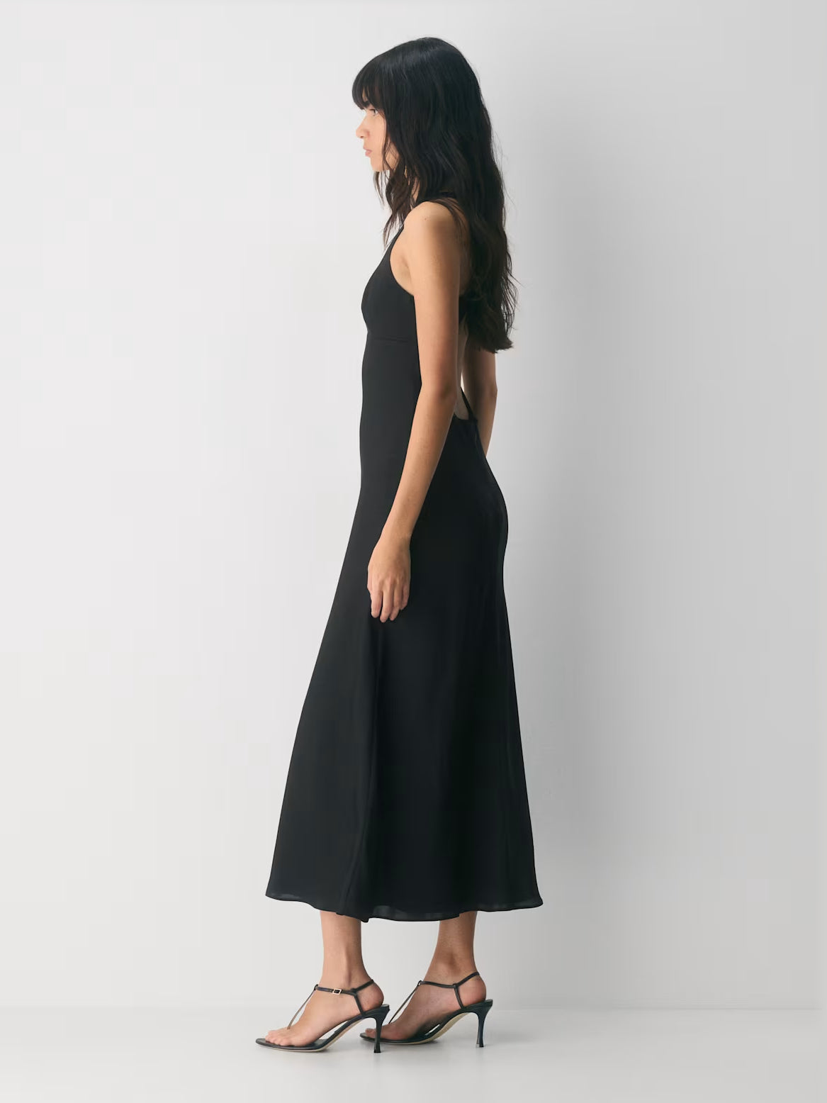 Black maxi formal dress, alternate full-length view showing the waistline